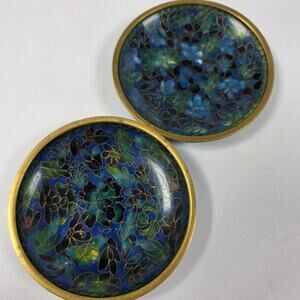2 Vintage Chinese Cloisonne Floral 2.7" Brass Enamel Trinket Dish Jewelry Tray
